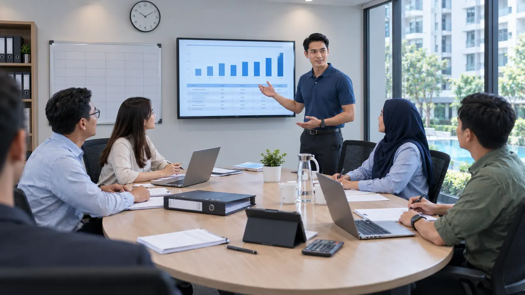 Management committee reviewing property figures in a meeting room