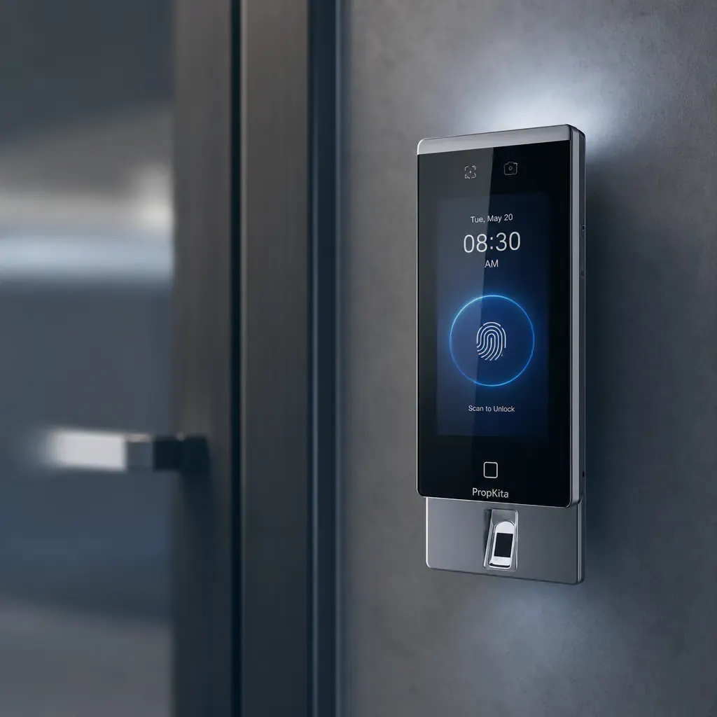 Facial recognition access terminal mounted beside a door
