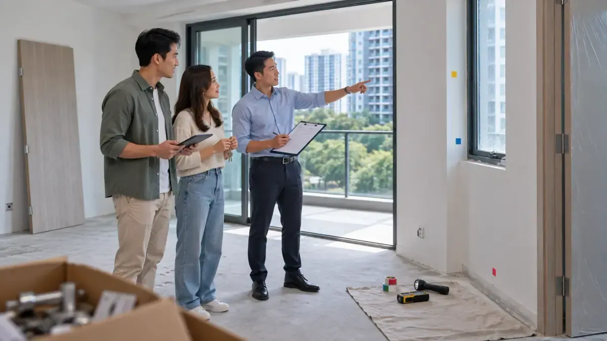 Residents and a property representative inspecting a home during handover
