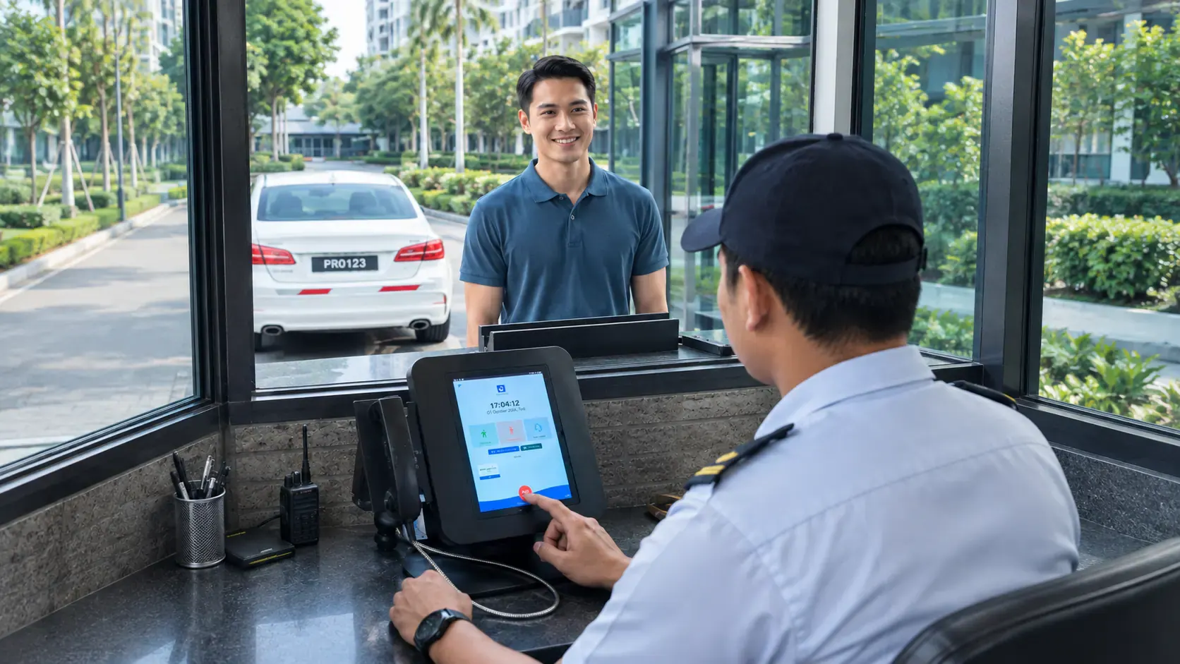 Guard registering a smiling visitor on a guardhouse terminal