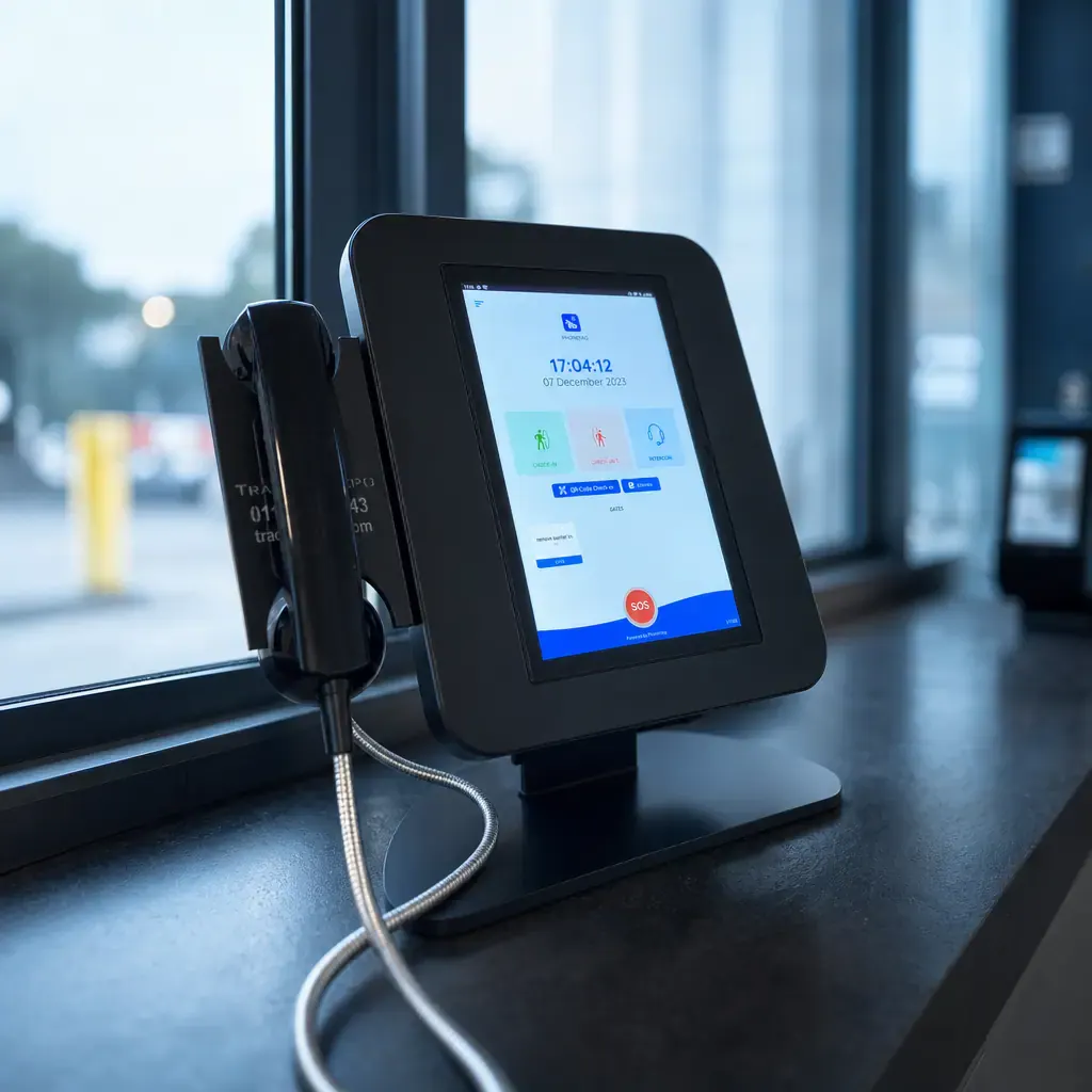 Visitor management terminal with intercom handset at a guardhouse window